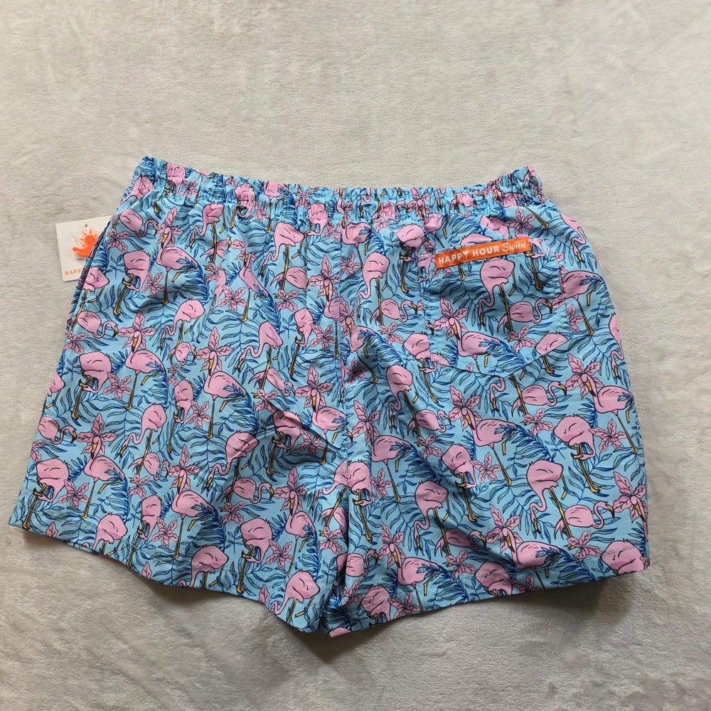 Happy Hour Swim Trunks Mens 2XL Blue Pink Flamingo Tropical Cypress NEW - Picture 3 of 7